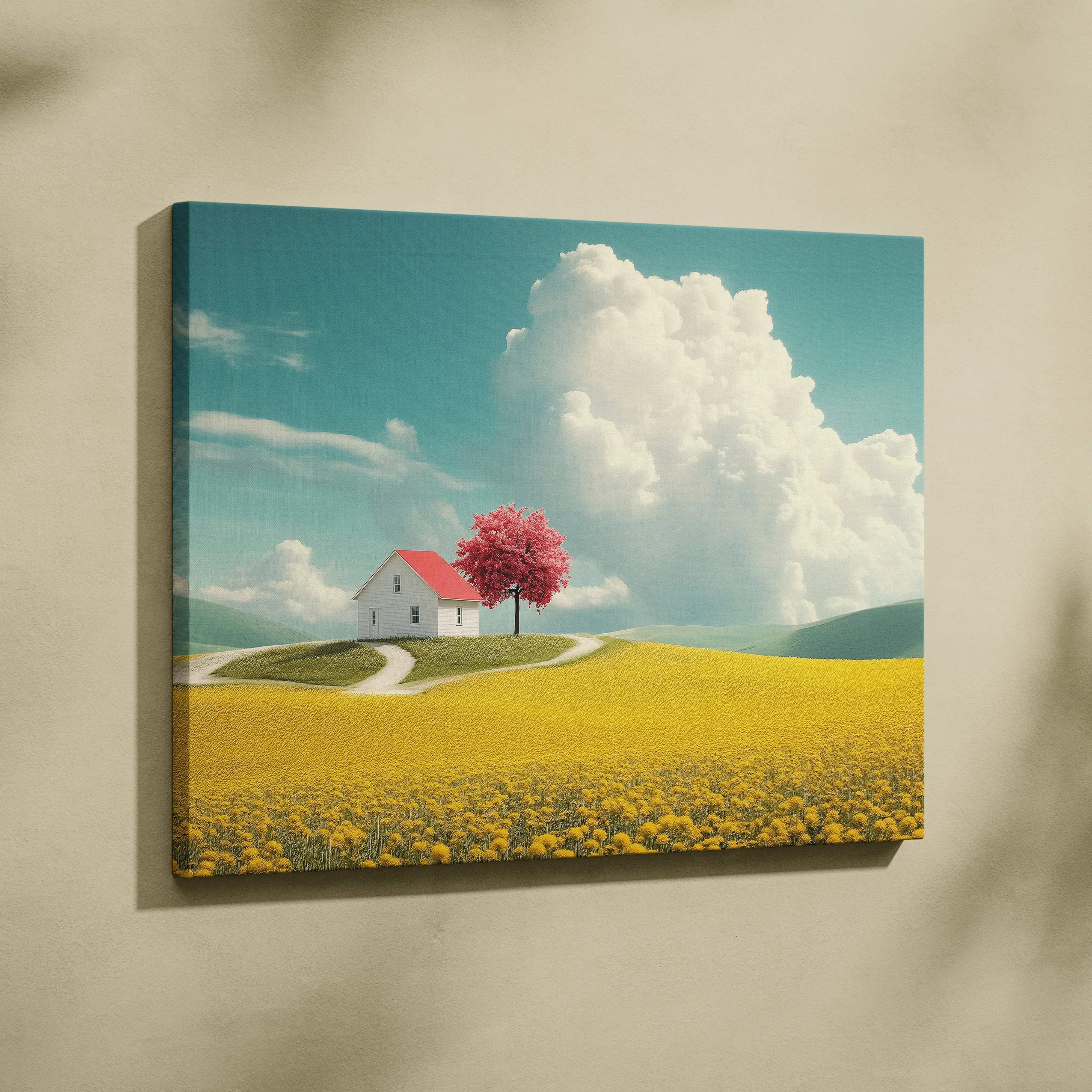 Rectangular canvas wall art of a whimsical pastoral landscape with a white house red roof golden fields and blue sky
