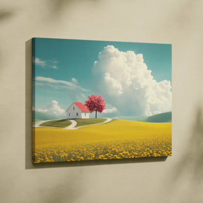 Canvas wall art featuring a red cherry blossom tree beside a white house under a bright blue sky with clouds.