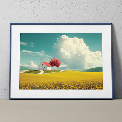 Digital art poster of a red cherry blossom tree by a white farmhouse under a blue sky with clouds, yellow field wall art.