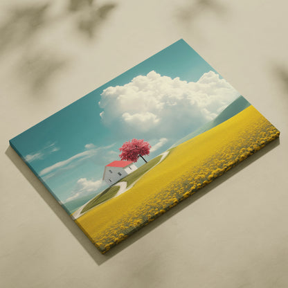 Cherry blossom tree near white house with yellow flower field digital canvas wall art.