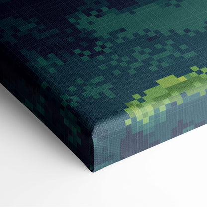 Textured canvas print of castle forest pixel art with deep teal and lime-green blocks in a cozy fantasy style