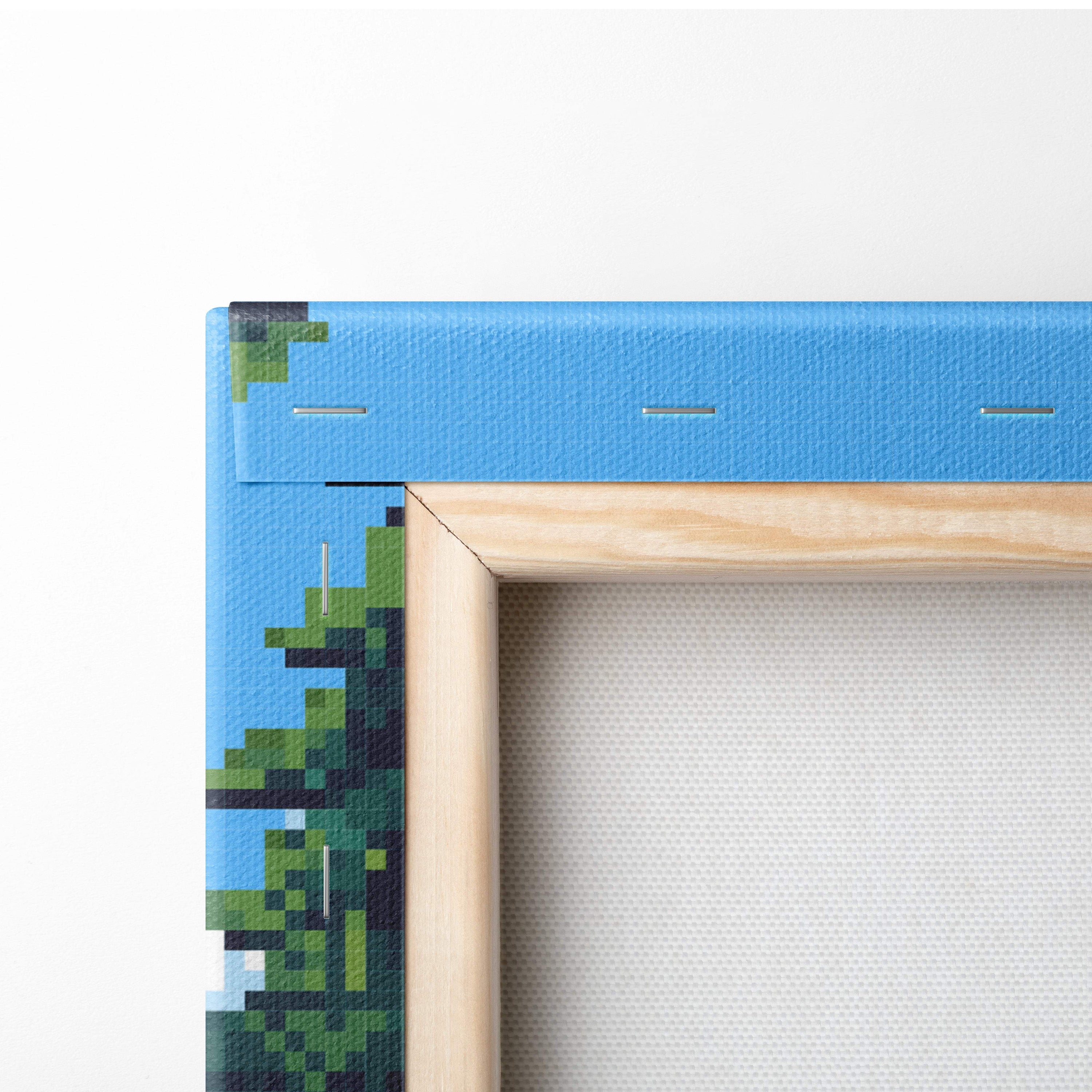 Blue pixelated canvas print with wooden frame featuring castle forest pixel art green mountain path wall decor
