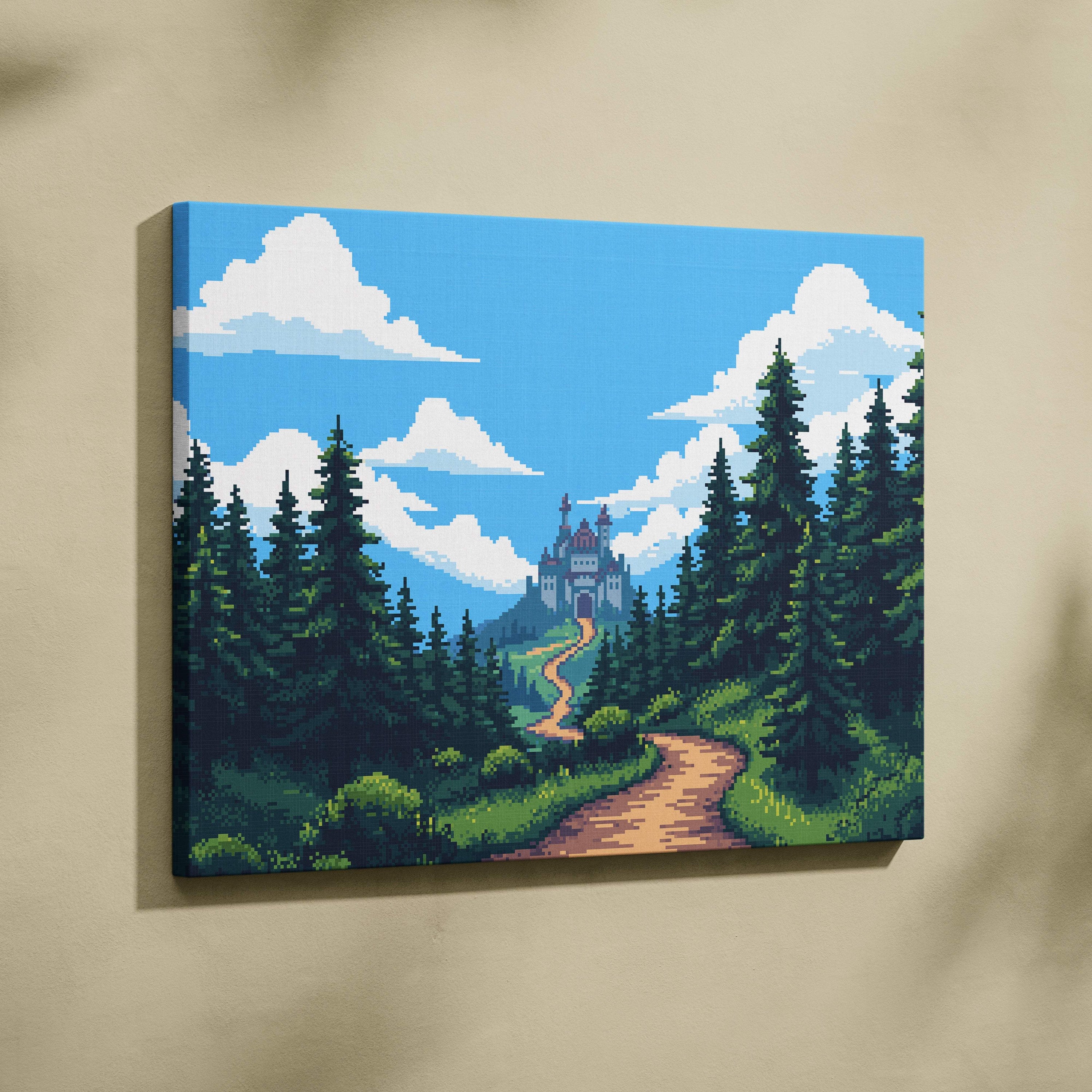 Castle forest pixel art canvas print with vibrant green and blue castle among pine trees on stretched fabric wall art