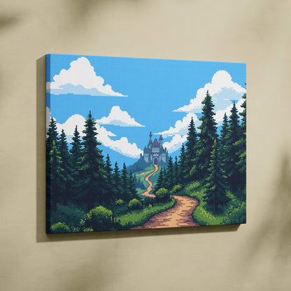 Castle forest pixel art canvas print with vibrant green and blue castle among pine trees on stretched fabric wall art