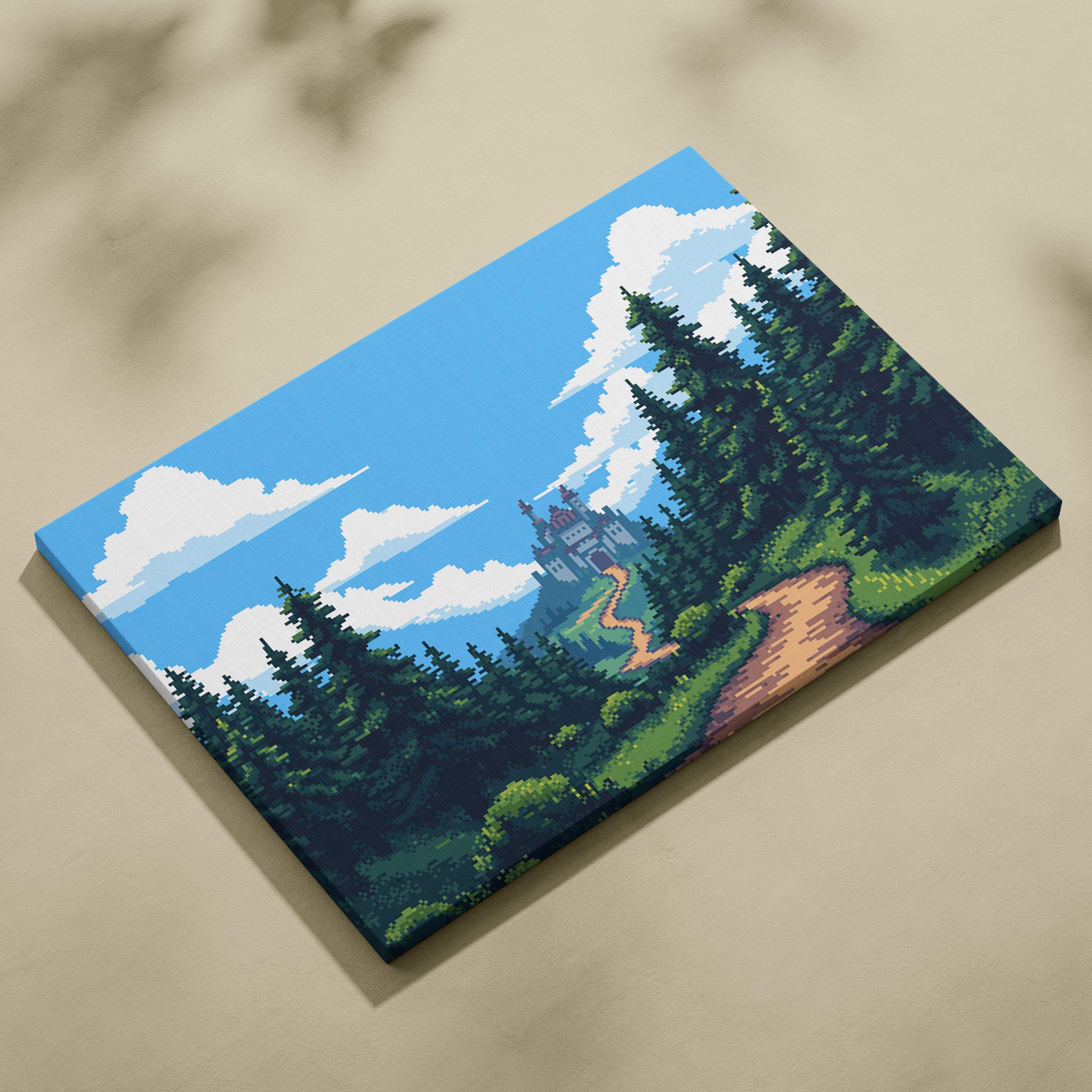 Castle forest pixel art canvas print showing a castle among green pine trees under a bright blue sky with white clouds