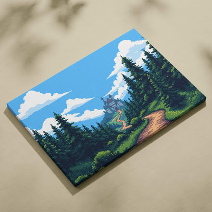 Castle forest pixel art canvas print showing a castle among green pine trees under a bright blue sky with white clouds