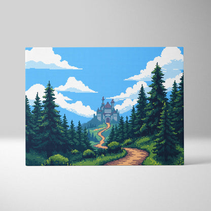 Castle forest pixel art canvas print of a castle among green pine trees under a blue sky with white clouds