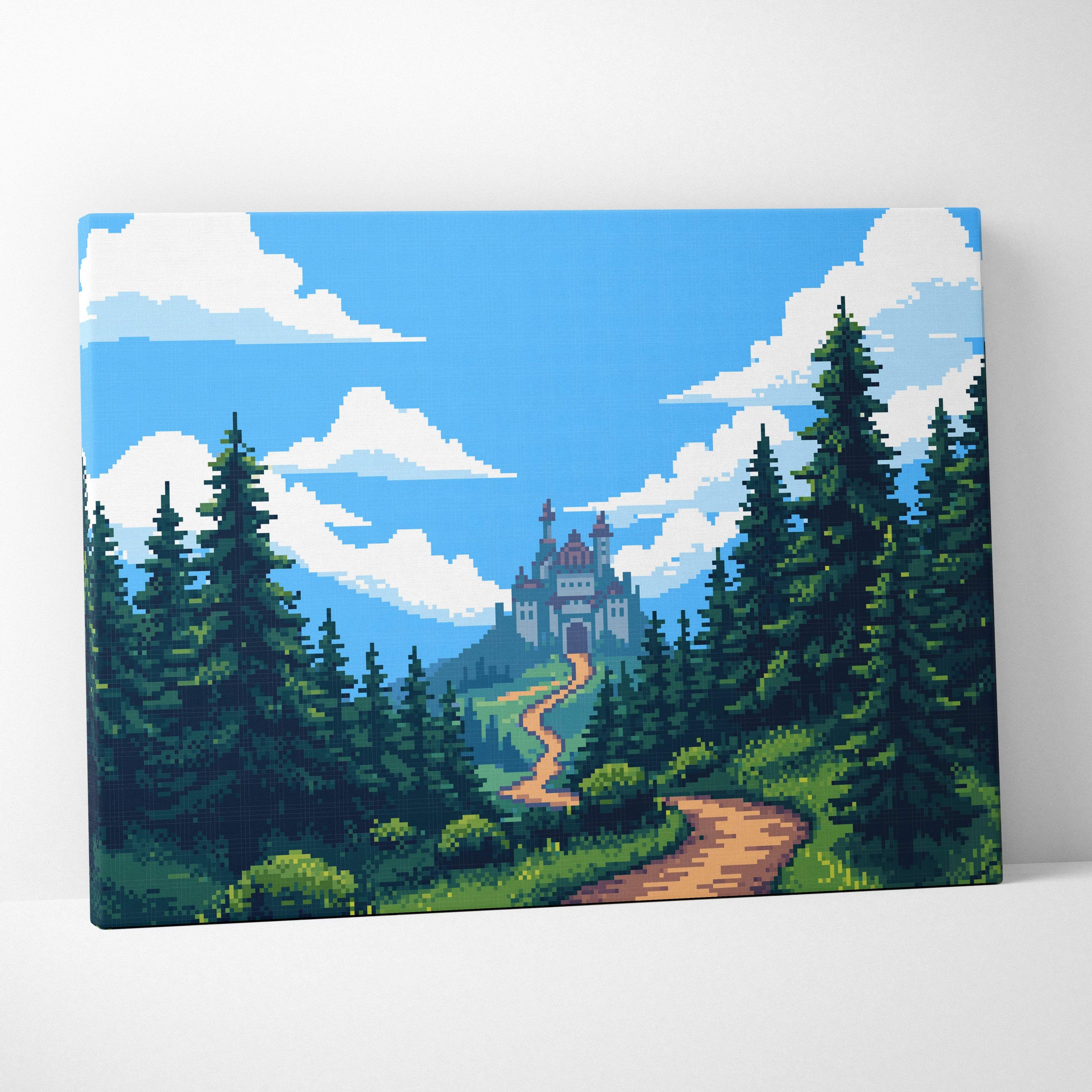 Castle forest pixel art canvas print showing a retro style castle on a green hill with evergreen trees and blue sky background
