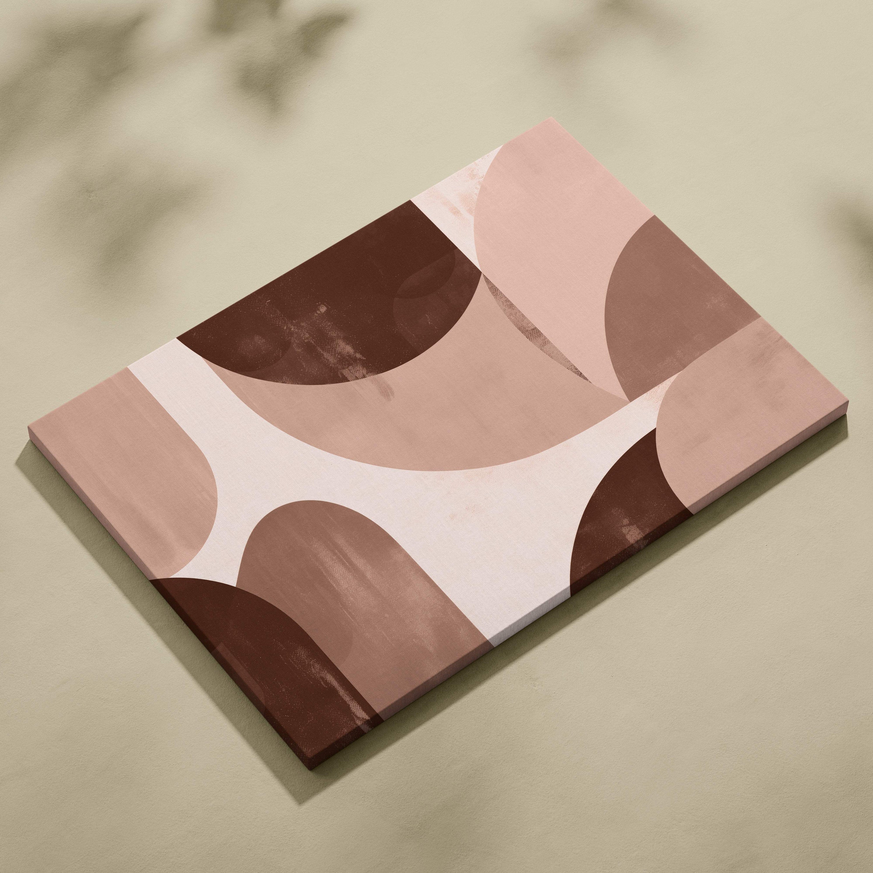 Boho abstract geometric canvas wall art featuring soft pink, terracotta, and brown shapes in a neutral beige tone