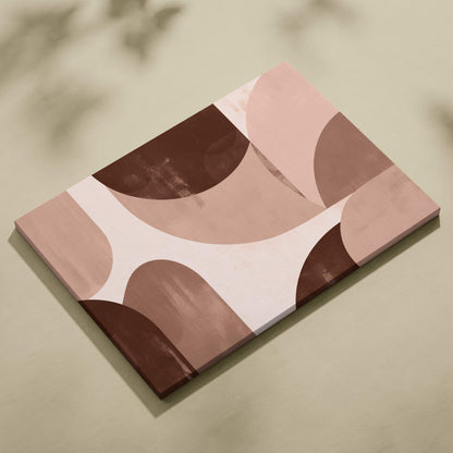 Boho abstract geometric canvas wall art featuring soft pink, terracotta, and brown shapes in a neutral beige tone