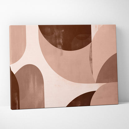 A modern abstract geometric canvas print with muted terracotta beige and brown shapes for boho living room decor