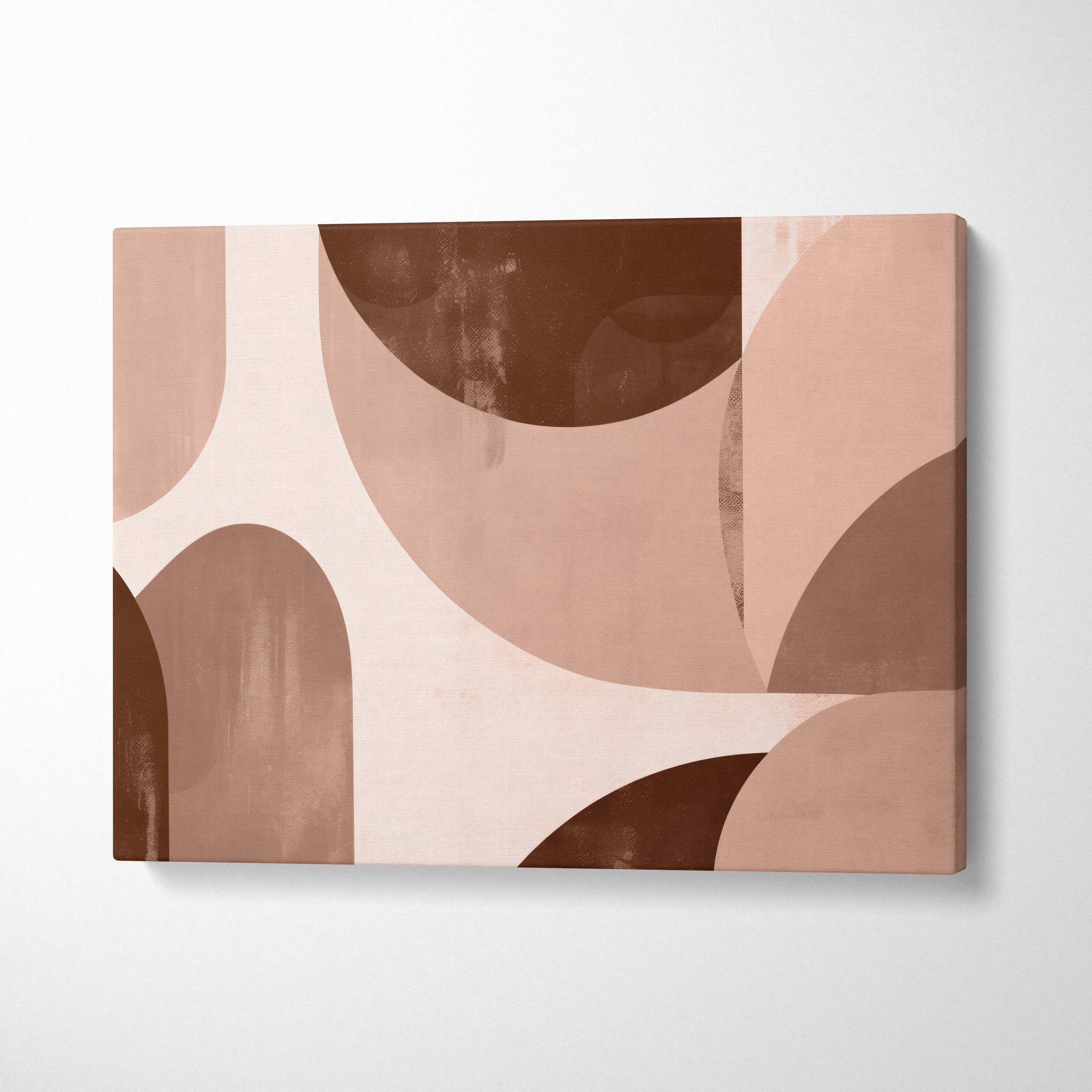 A modern abstract canvas painting with overlapping circular shapes in neutral beige terracotta and deep brown tones