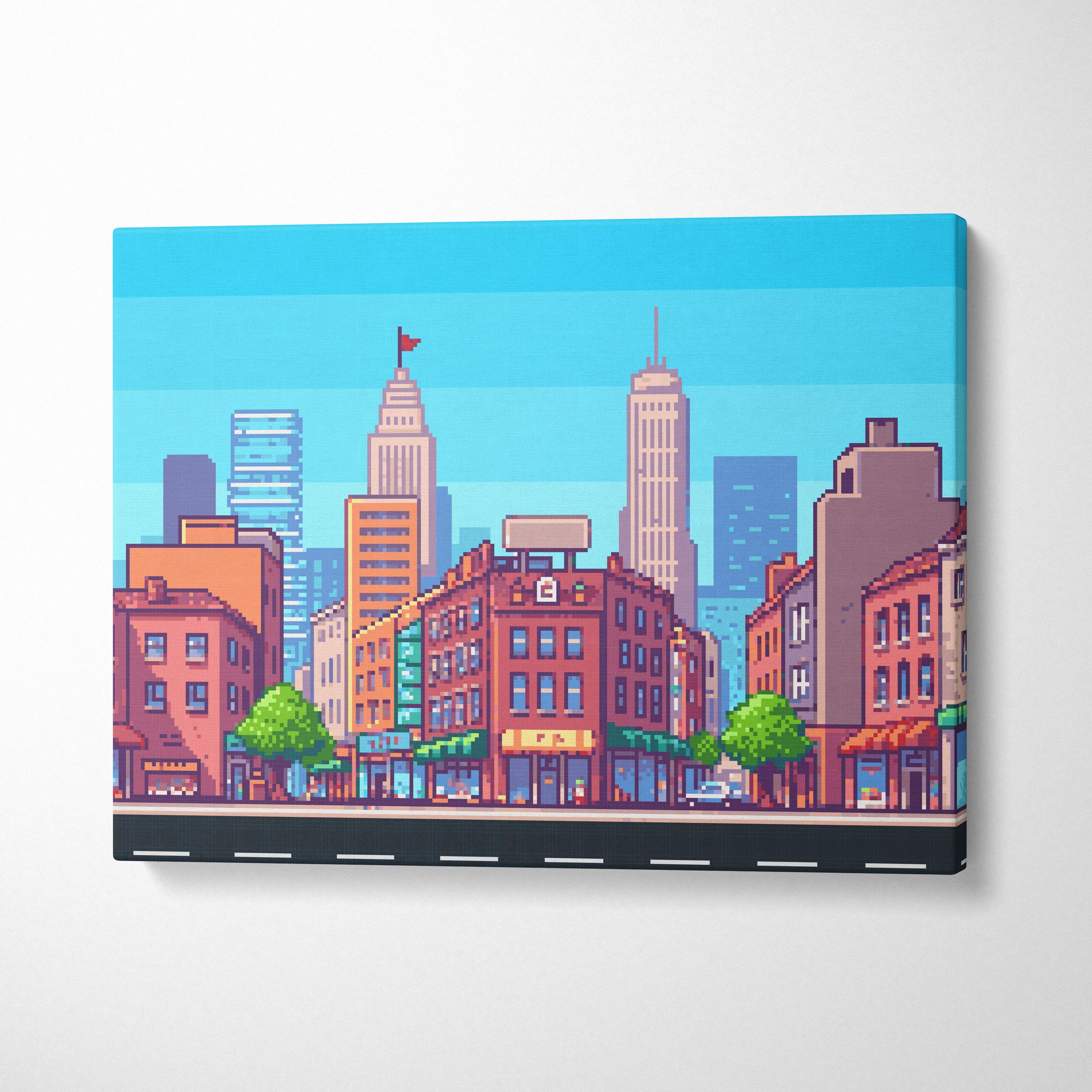 Colorful city street pixel art canvas print with vibrant retro orange and red buildings against bright blue sky