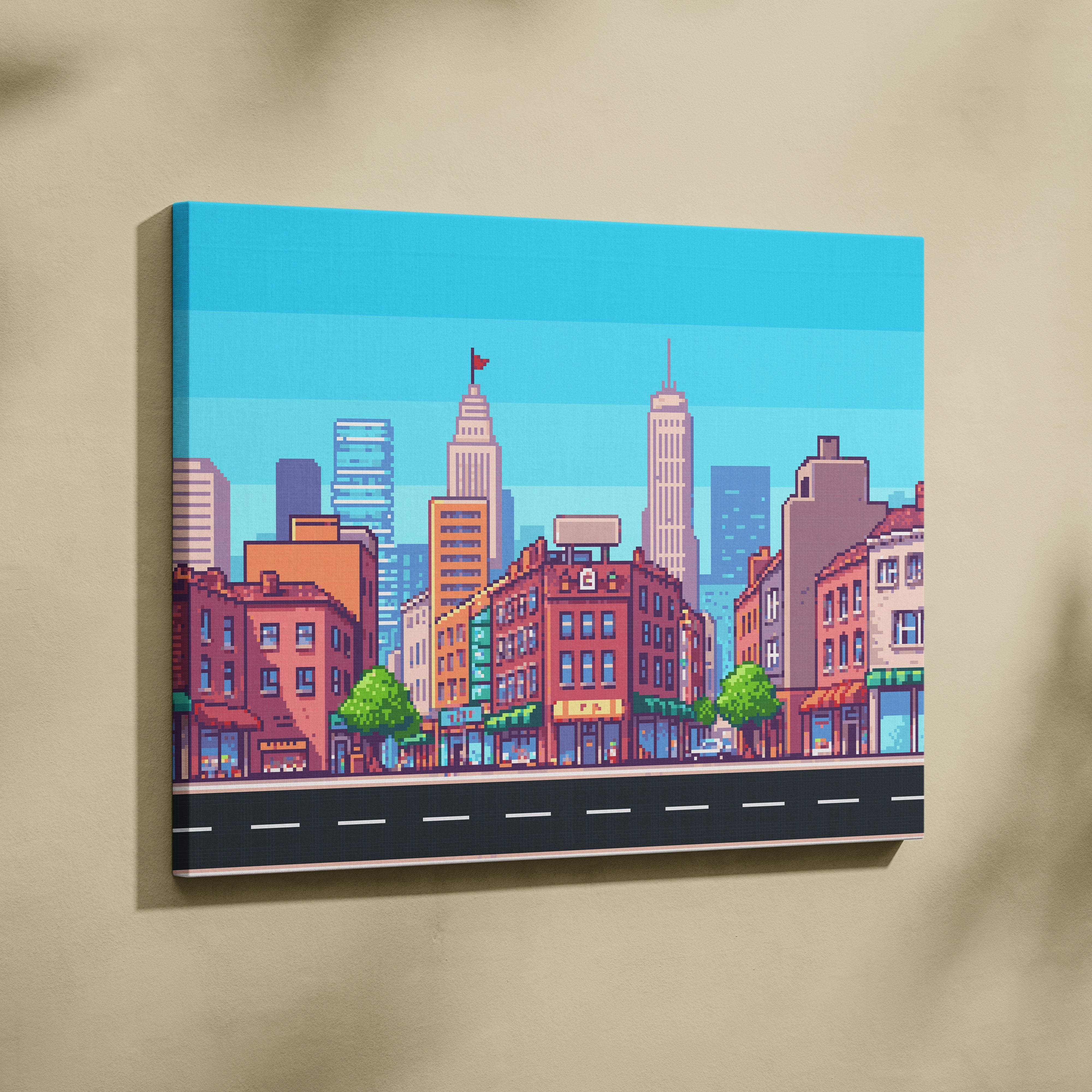Colorful city street pixel art canvas print showing vibrant red brick buildings and blue urban skyline under bright sky