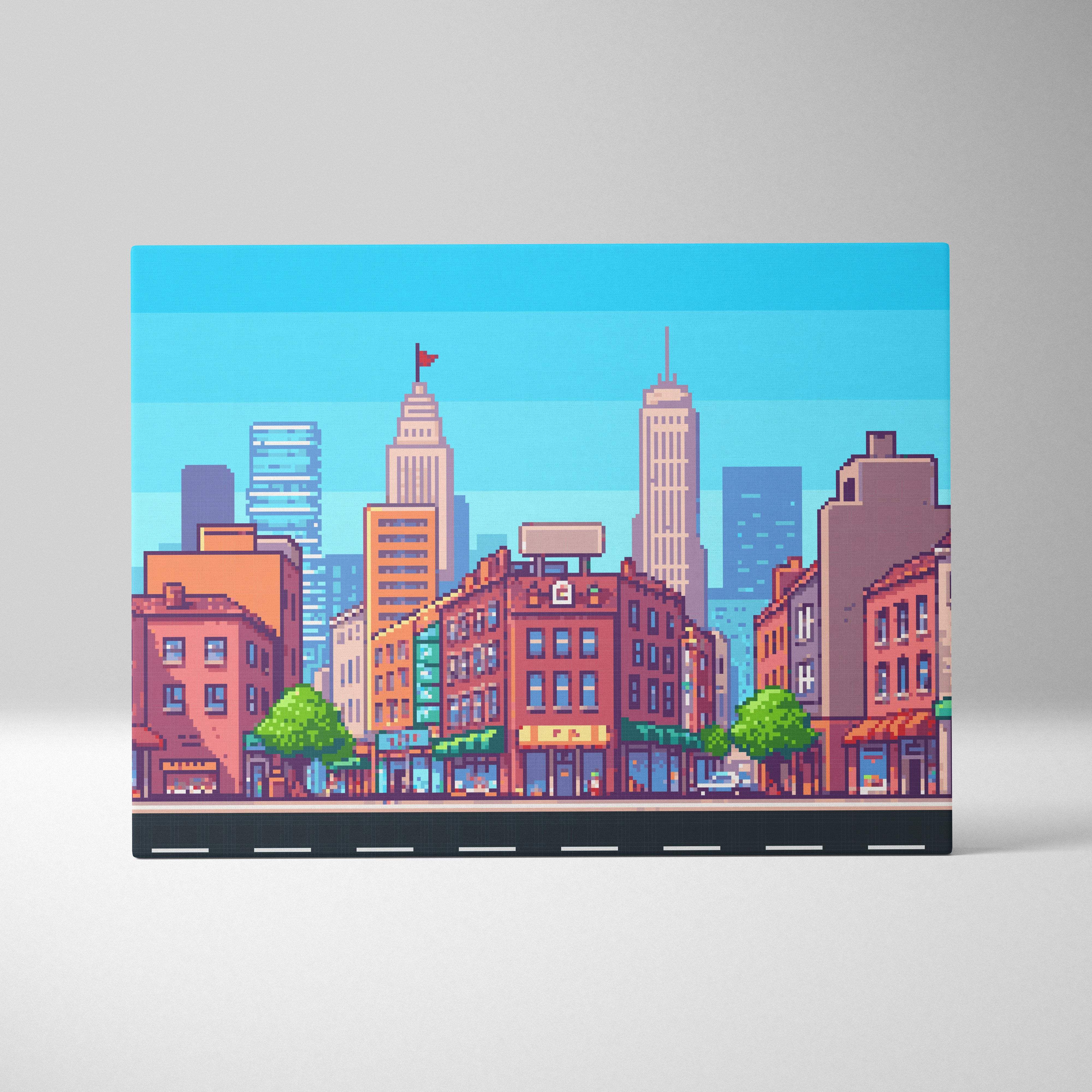 Colorful city street pixel art canvas print with vibrant red orange and beige buildings under bright blue sky