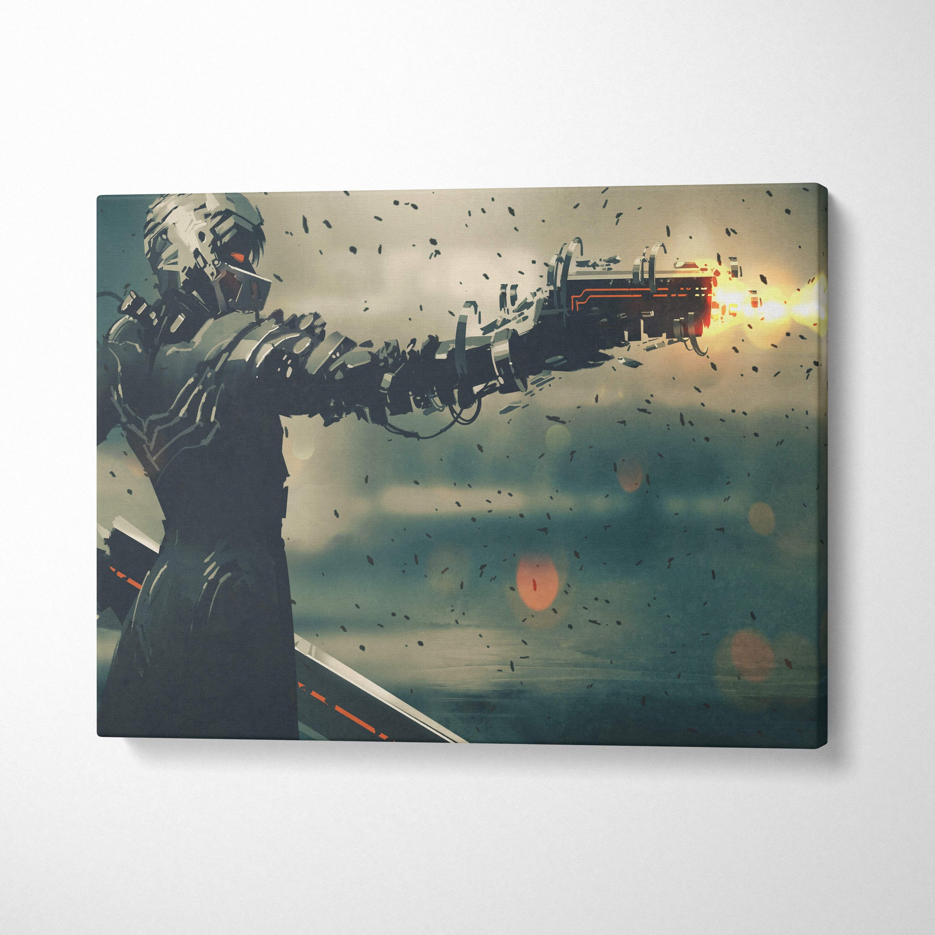 Futuristic cyberpunk warrior canvas wall art showing a dark armored soldier firing a red energy weapon in a sci-fi scene