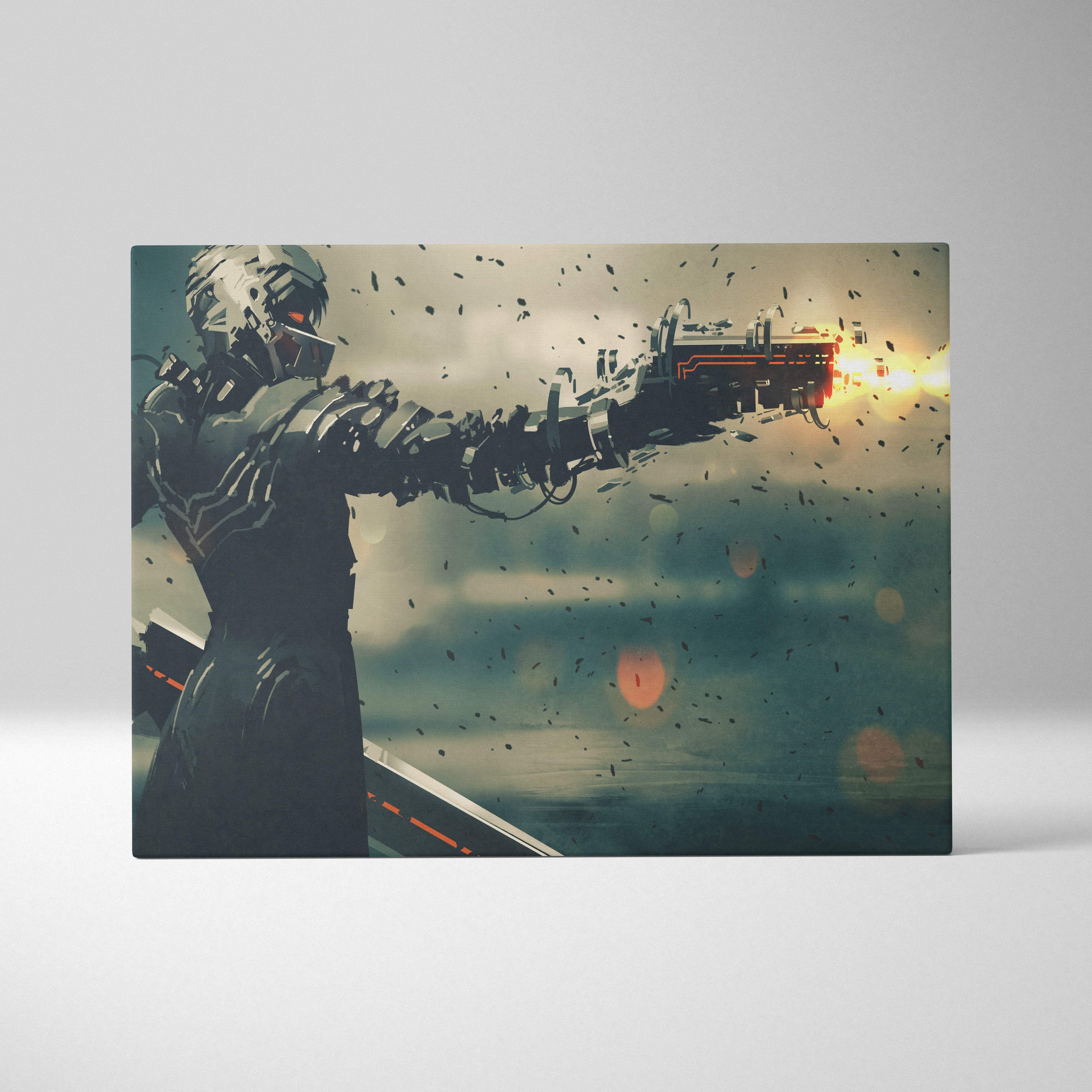 Futuristic cyberpunk warrior canvas wall art featuring a dark armored soldier firing a glowing orange high-tech weapon