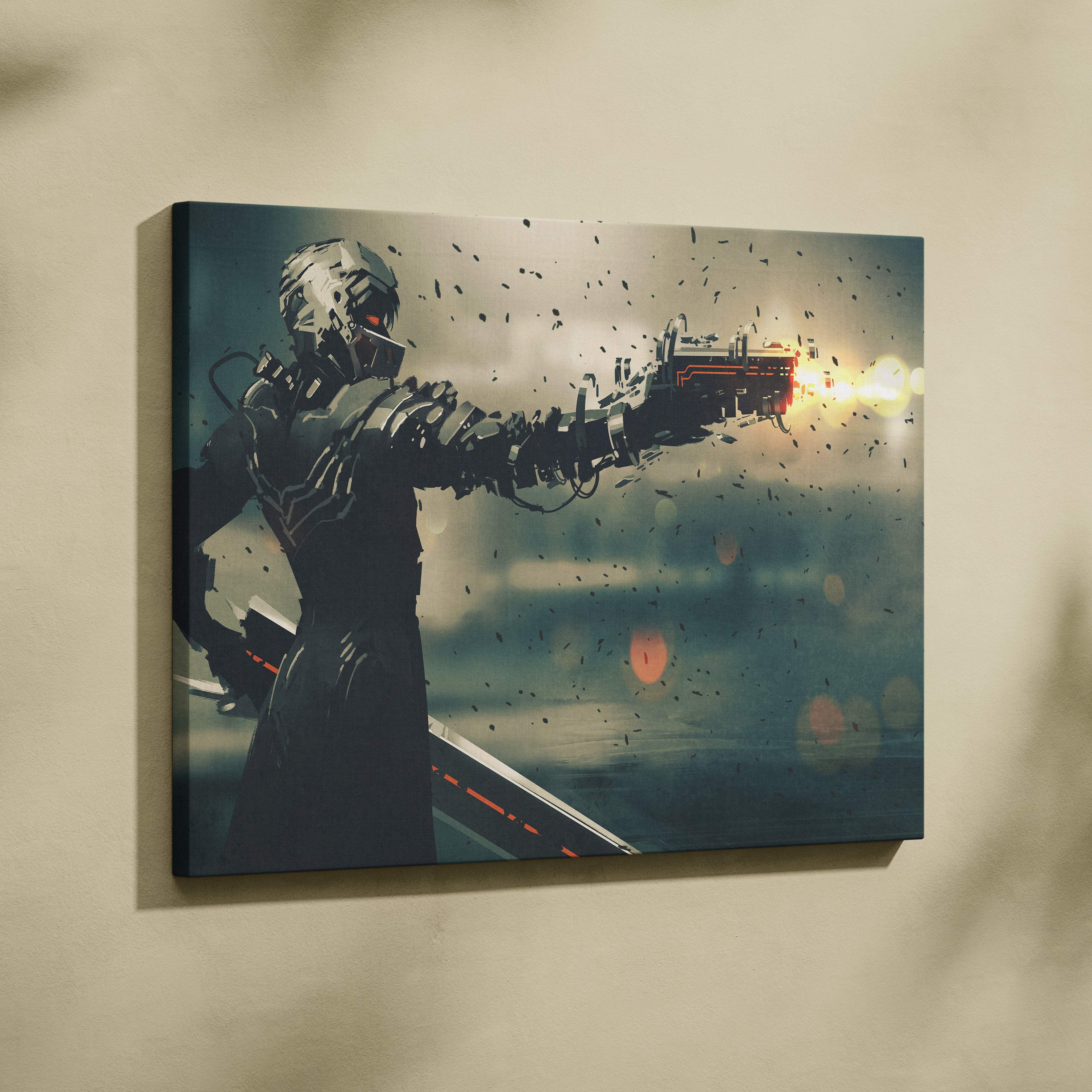 Futuristic cyberpunk warrior canvas print of a dark armored figure with glowing red eyes firing a mechanical weapon