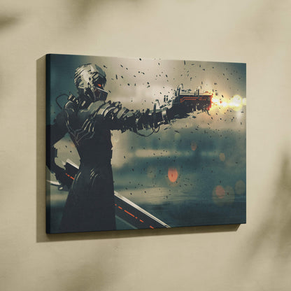 Futuristic cyberpunk warrior canvas print of a dark armored figure with glowing red eyes firing a mechanical weapon