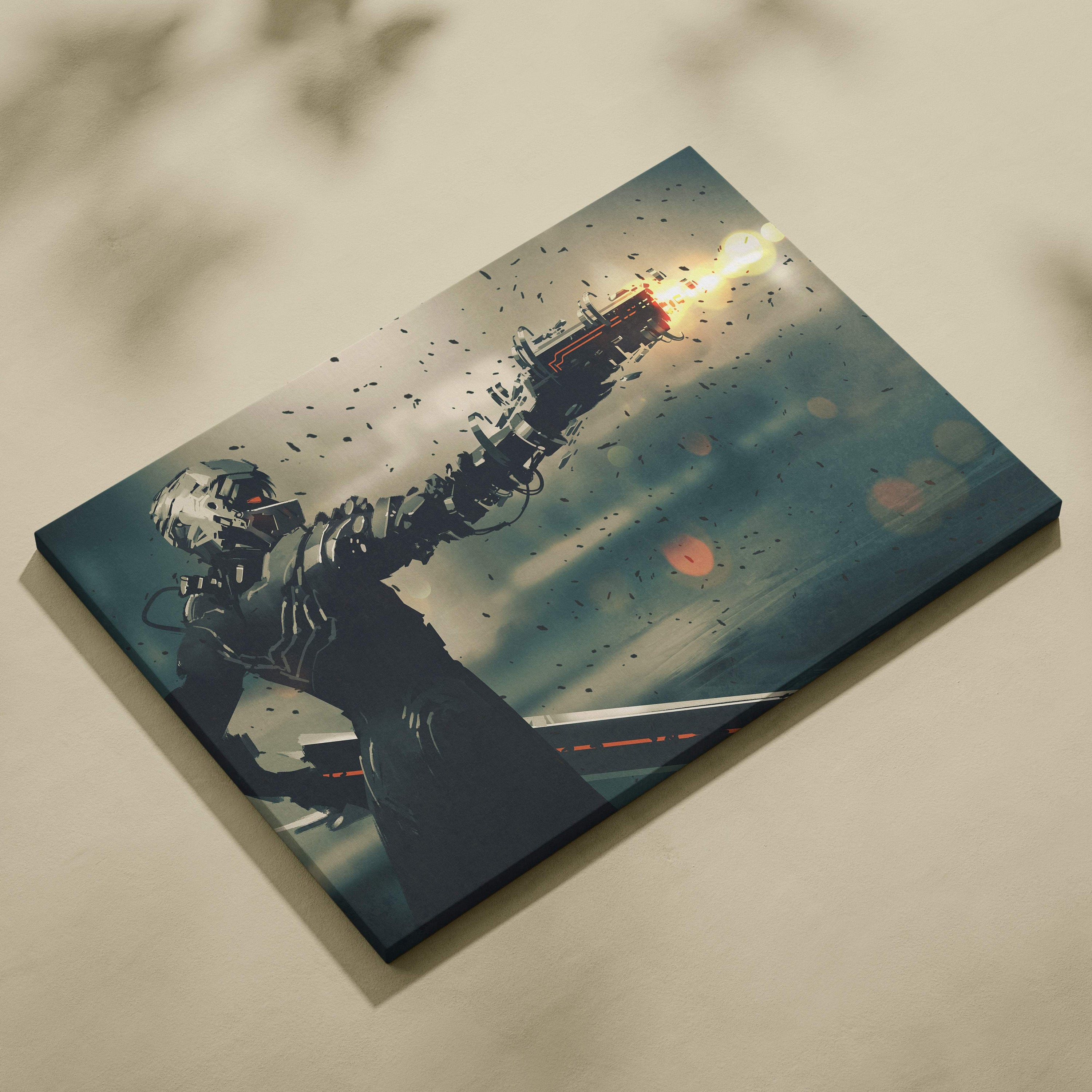 Rectangular canvas print of a futuristic armored cyberpunk warrior firing a laser gun against a dark explosive sky