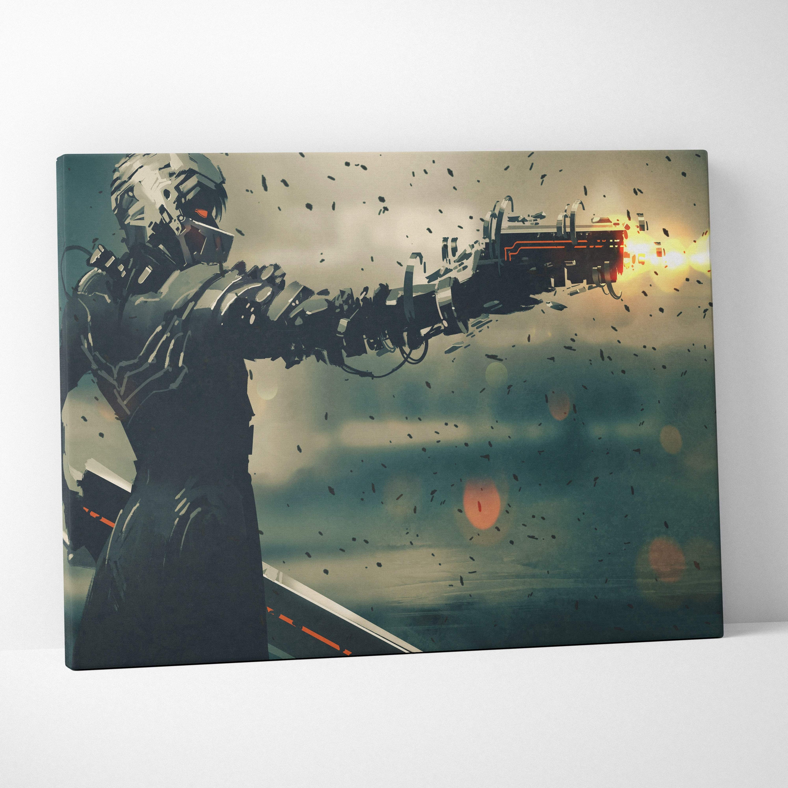 Canvas print of a futuristic cyberpunk soldier in dark armor with glowing red eyes firing a high-tech laser gun