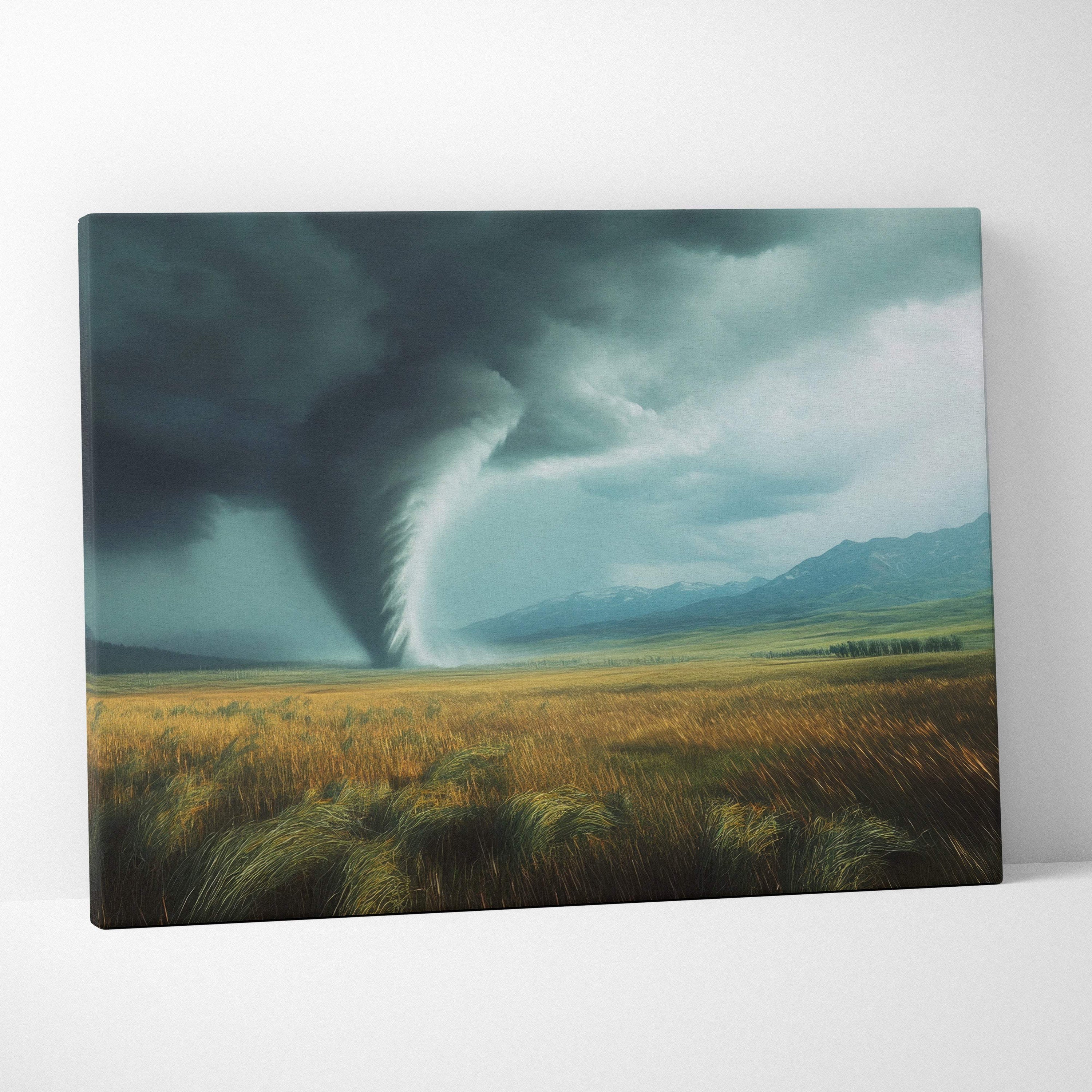 Canvas print of a dramatic tornado over golden fields with dark storm clouds and moody green sky wall decor