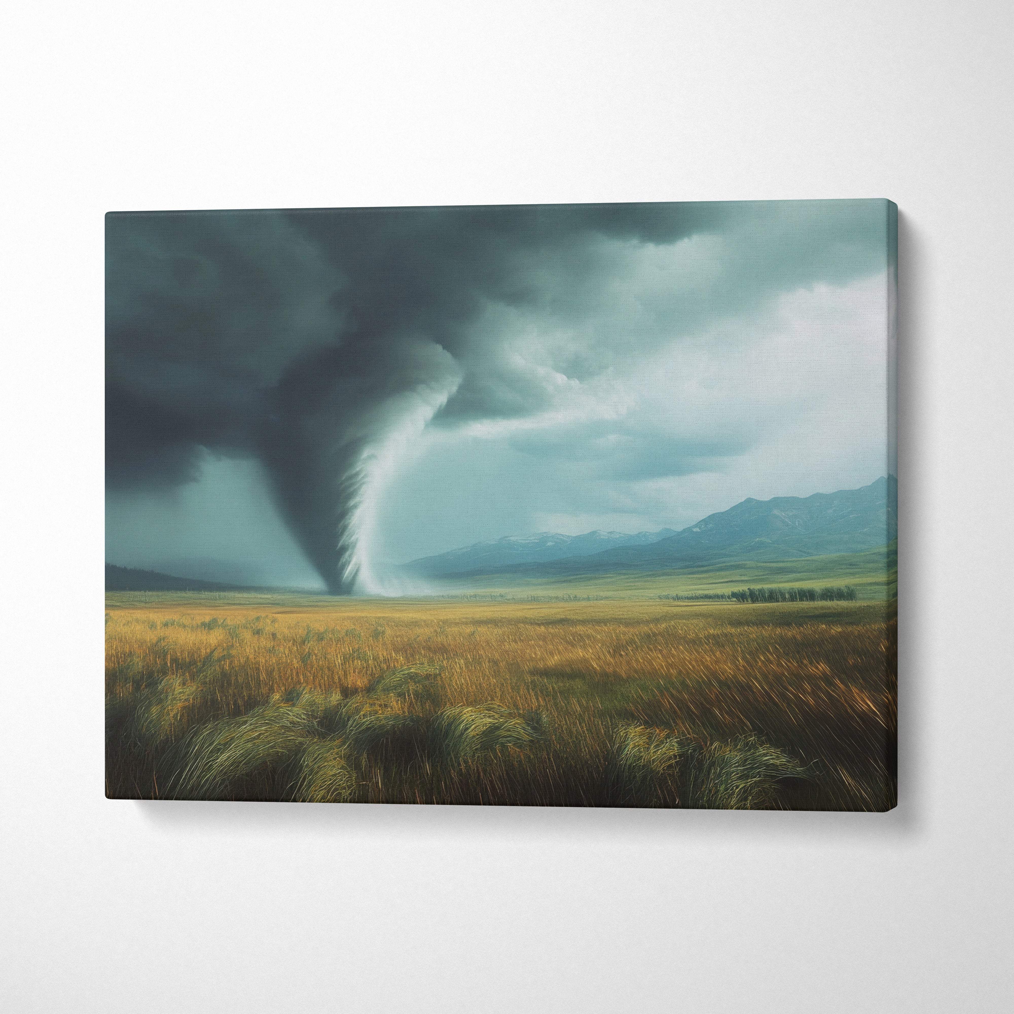 Canvas print of a dramatic tornado over a golden field with dark storm clouds and moody green sky wall art