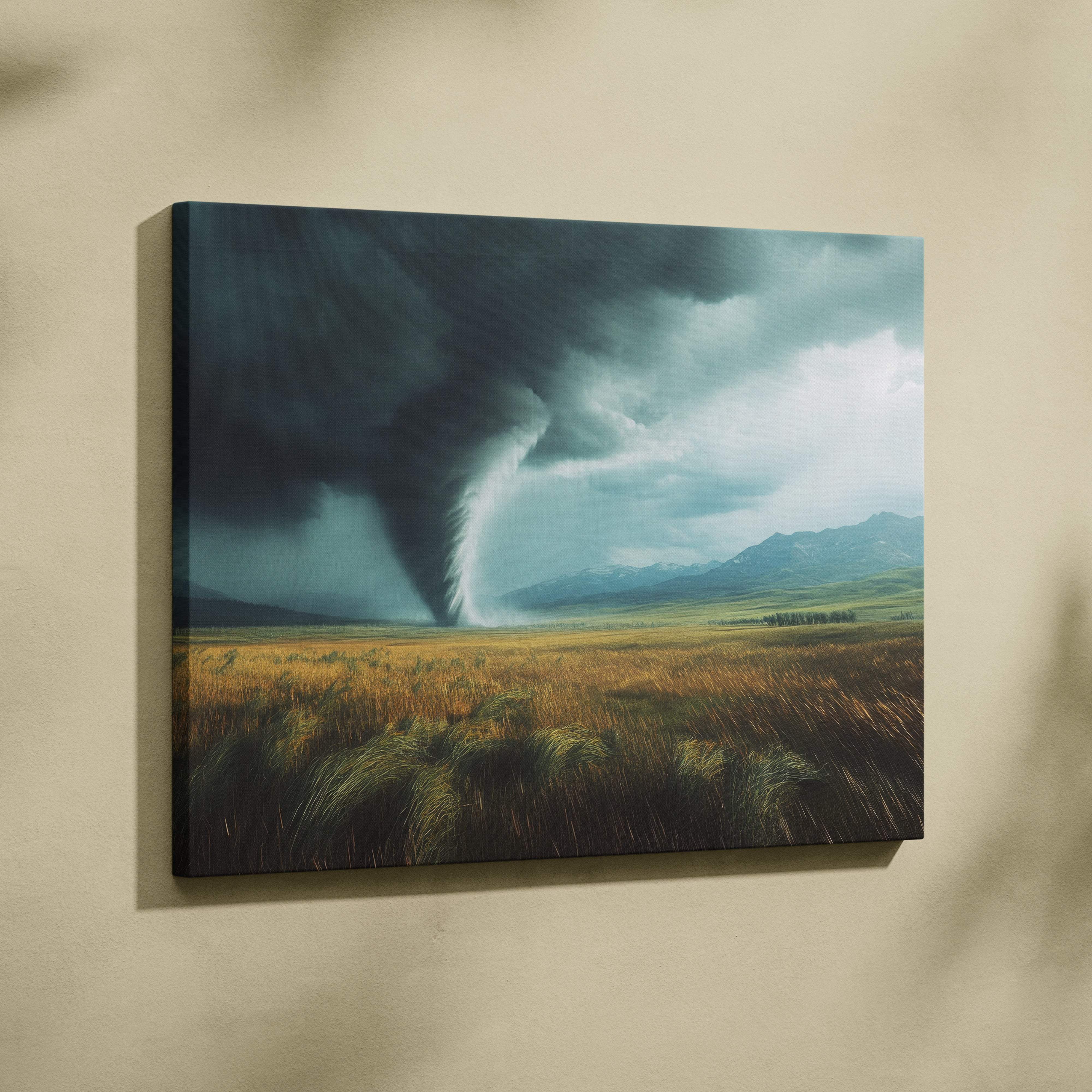 Canvas print of a dramatic tornado over golden fields with dark storm clouds and moody green sky wall decor
