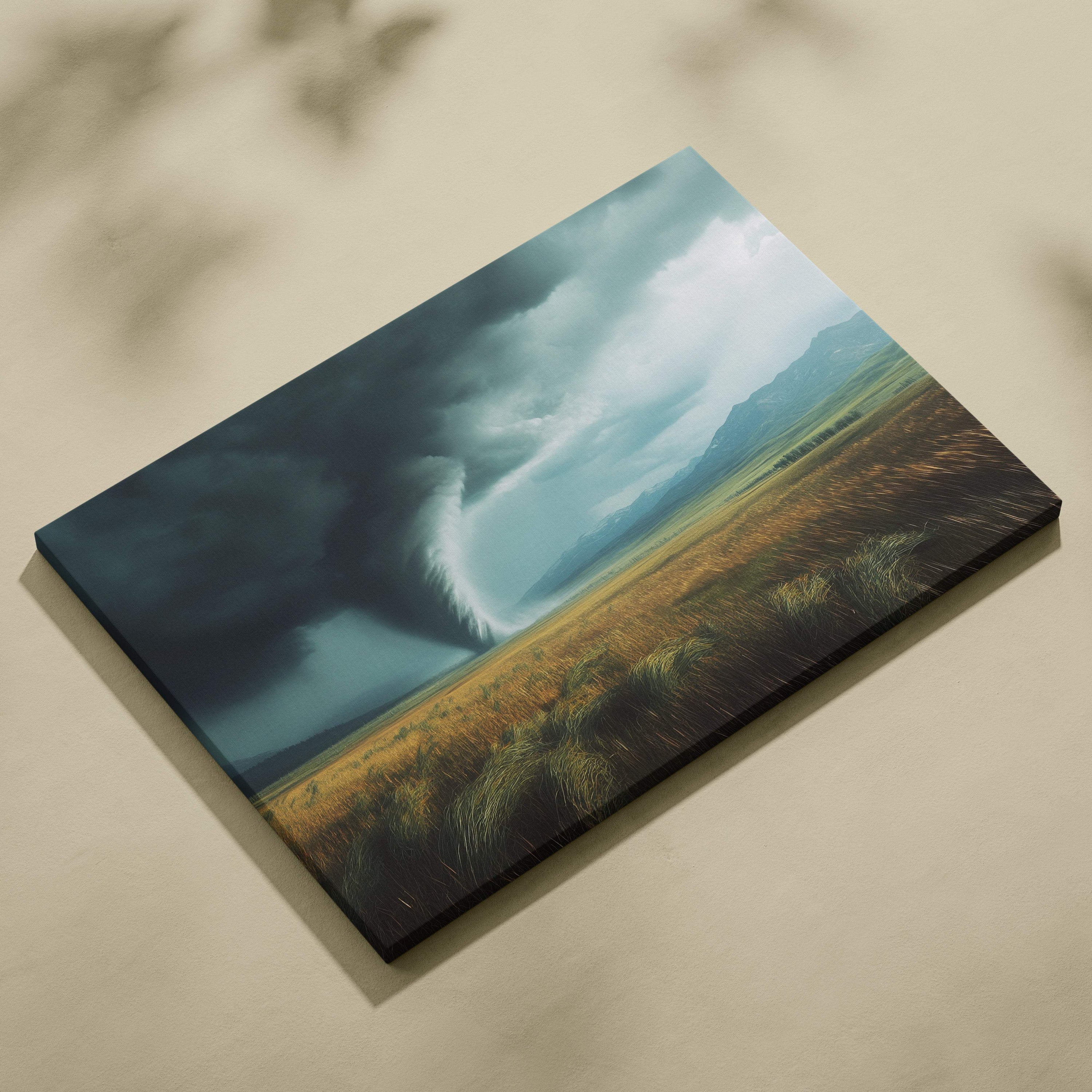 Canvas print of a dramatic tornado over a golden field with dark storm clouds and moody green sky wall decor