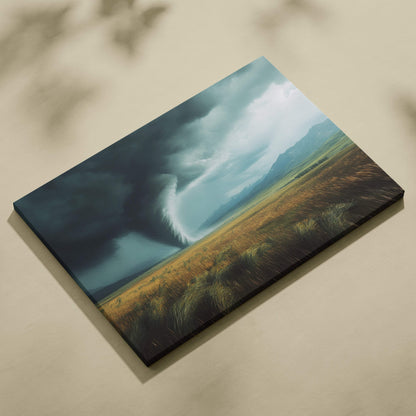 Canvas print of a dramatic tornado over a golden field with dark storm clouds and moody green sky wall decor