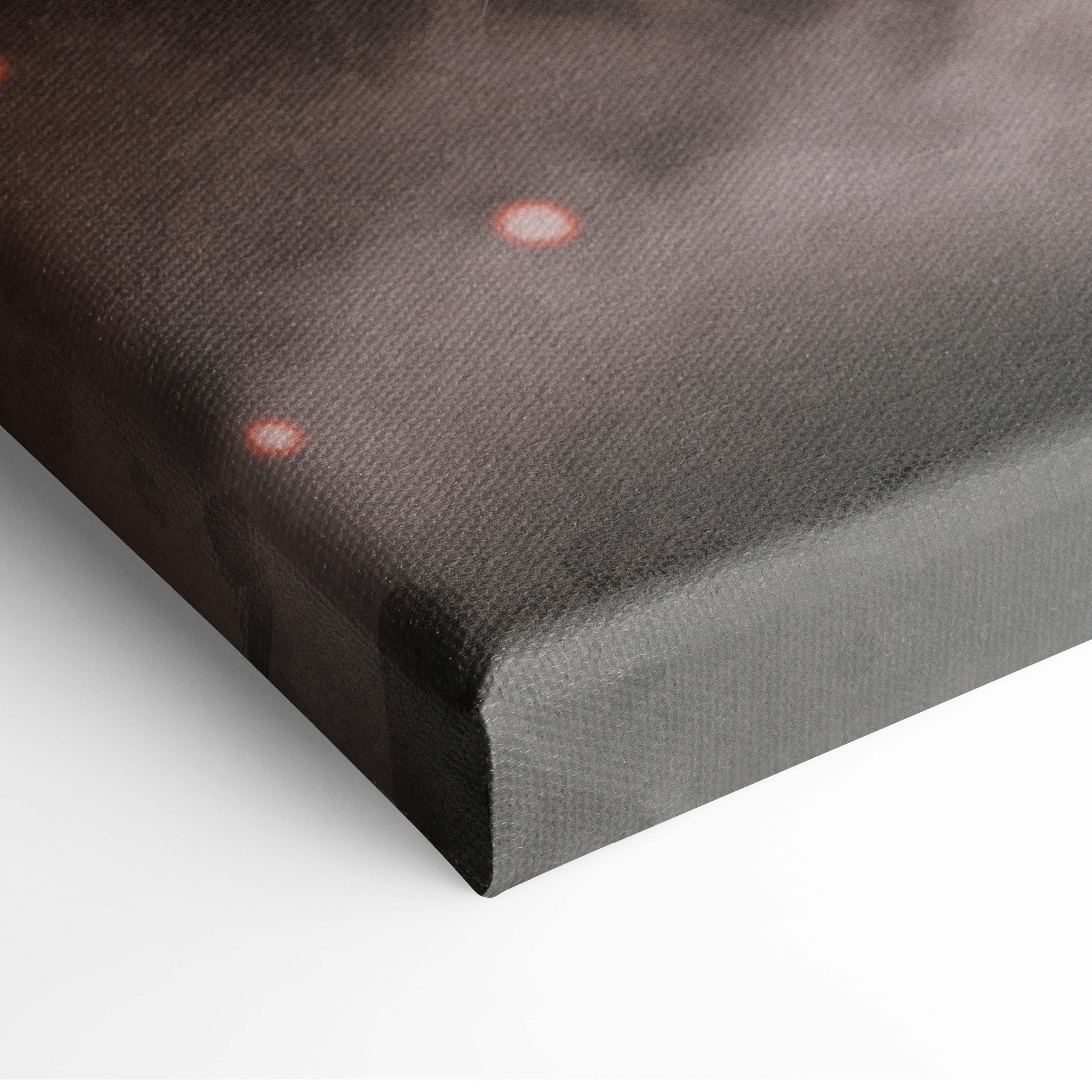 Black canvas print featuring a minimalist japanese samurai silhouette with red circular accents in modern zen style