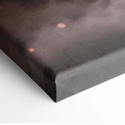 Black canvas print featuring a minimalist japanese samurai silhouette with red circular accents in modern zen style