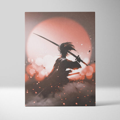 A rectangular canvas print of a black silhouette samurai with katana against a glowing red sun and bokeh lights