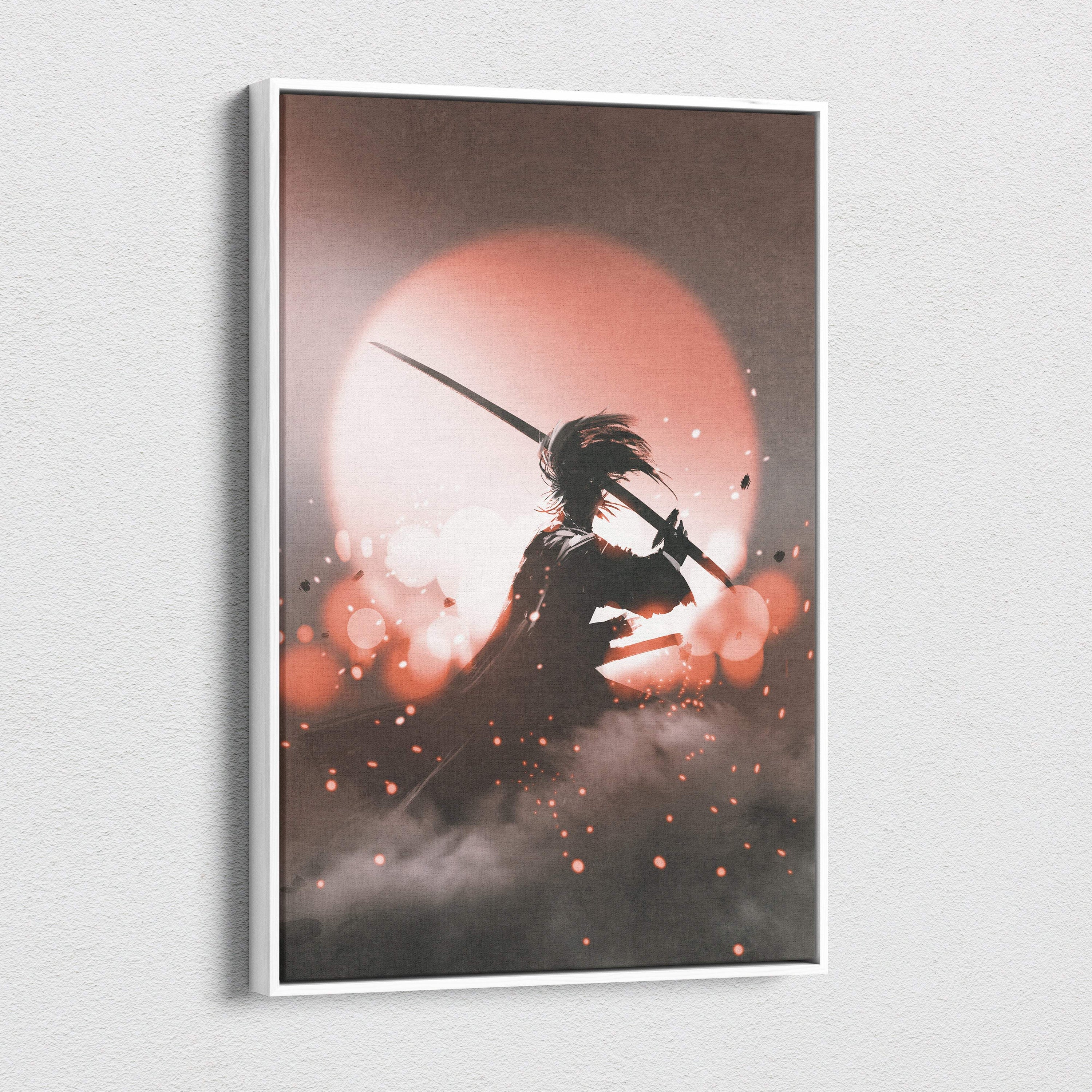 A framed minimalist canvas art of a black samurai silhouette holding a katana against a glowing orange moon