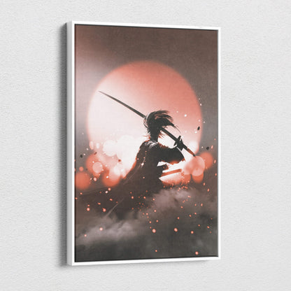 A framed minimalist canvas art of a black samurai silhouette holding a katana against a glowing orange moon