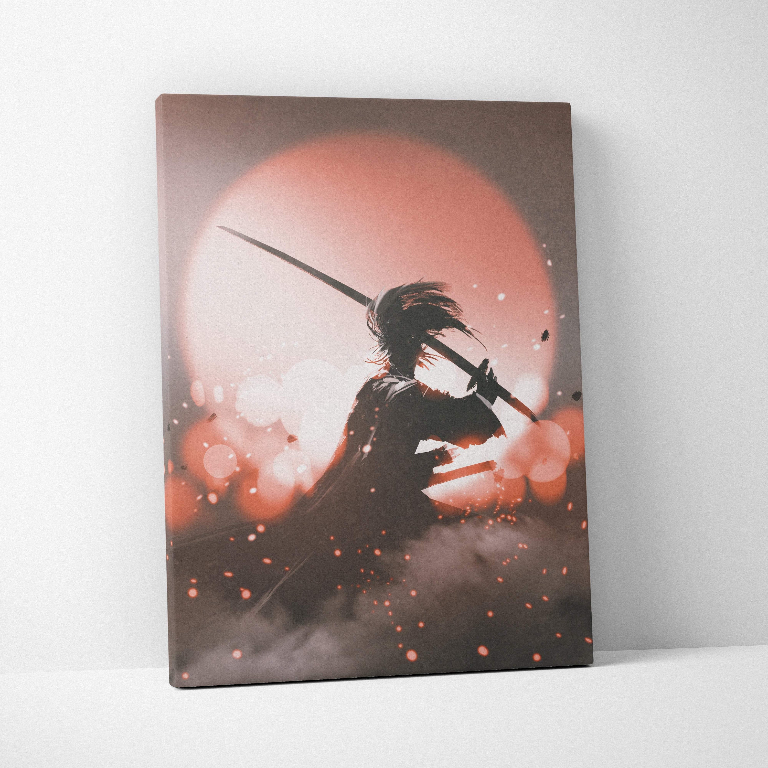 A rectangular canvas print of a black silhouette samurai with katana against a red sun and glowing orange backdrop