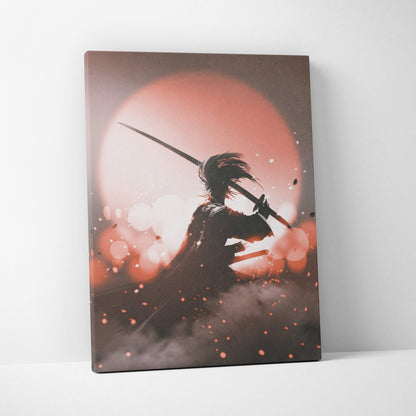 A rectangular canvas print of a black silhouette samurai with katana against a red sun and glowing orange backdrop