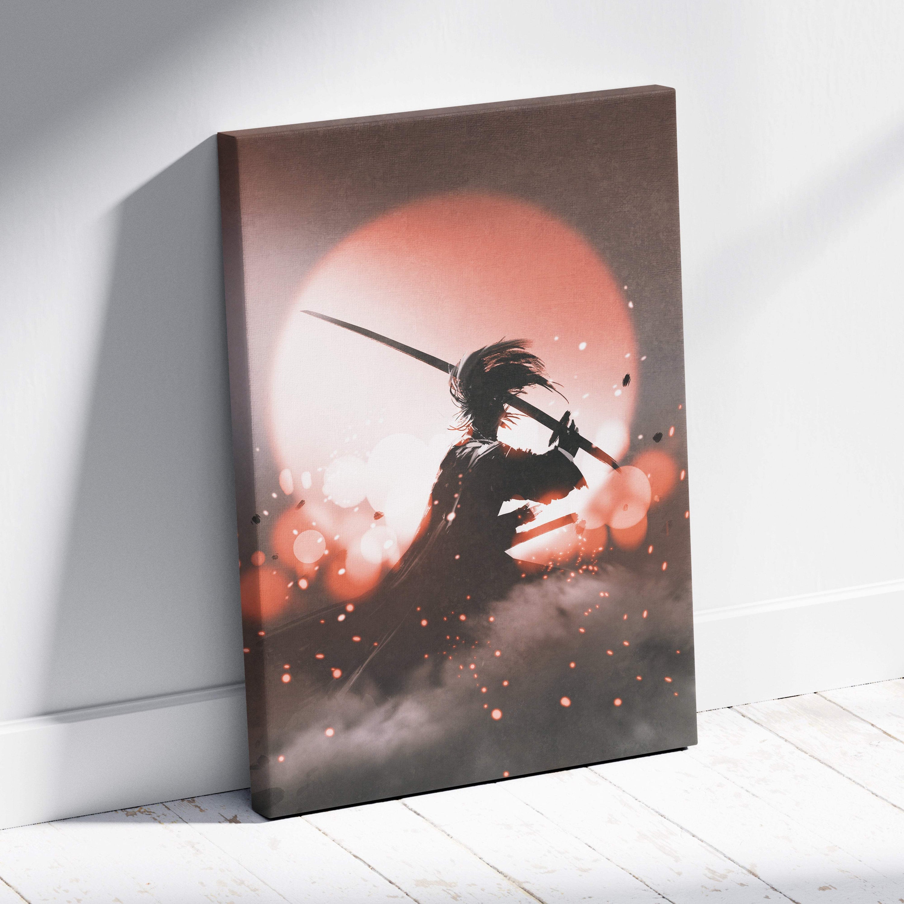 A minimalist canvas print of a black silhouette samurai with katana against a glowing red sun and atmospheric fog