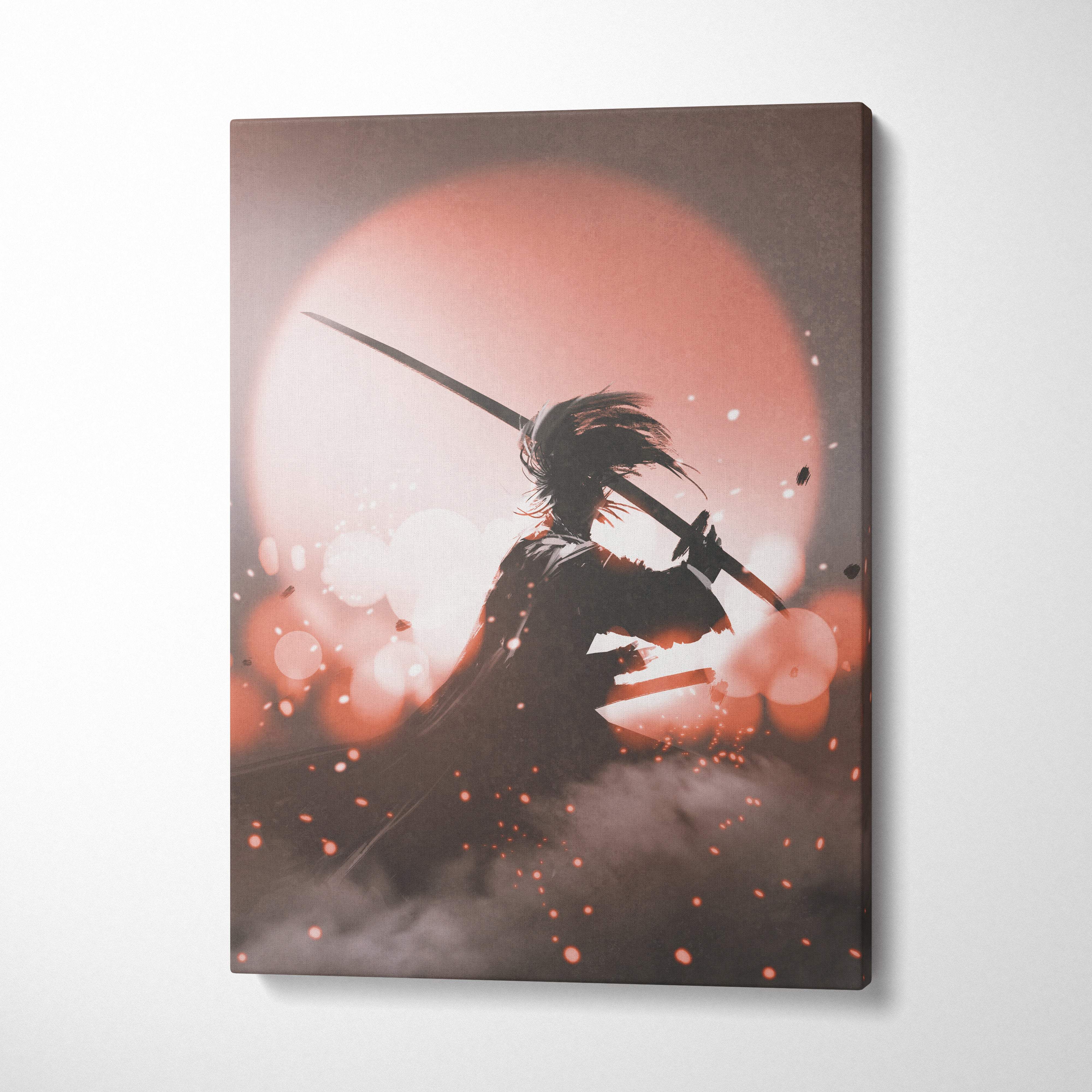 A framed minimalist canvas print of a black silhouette samurai with katana against a red sun and fog background