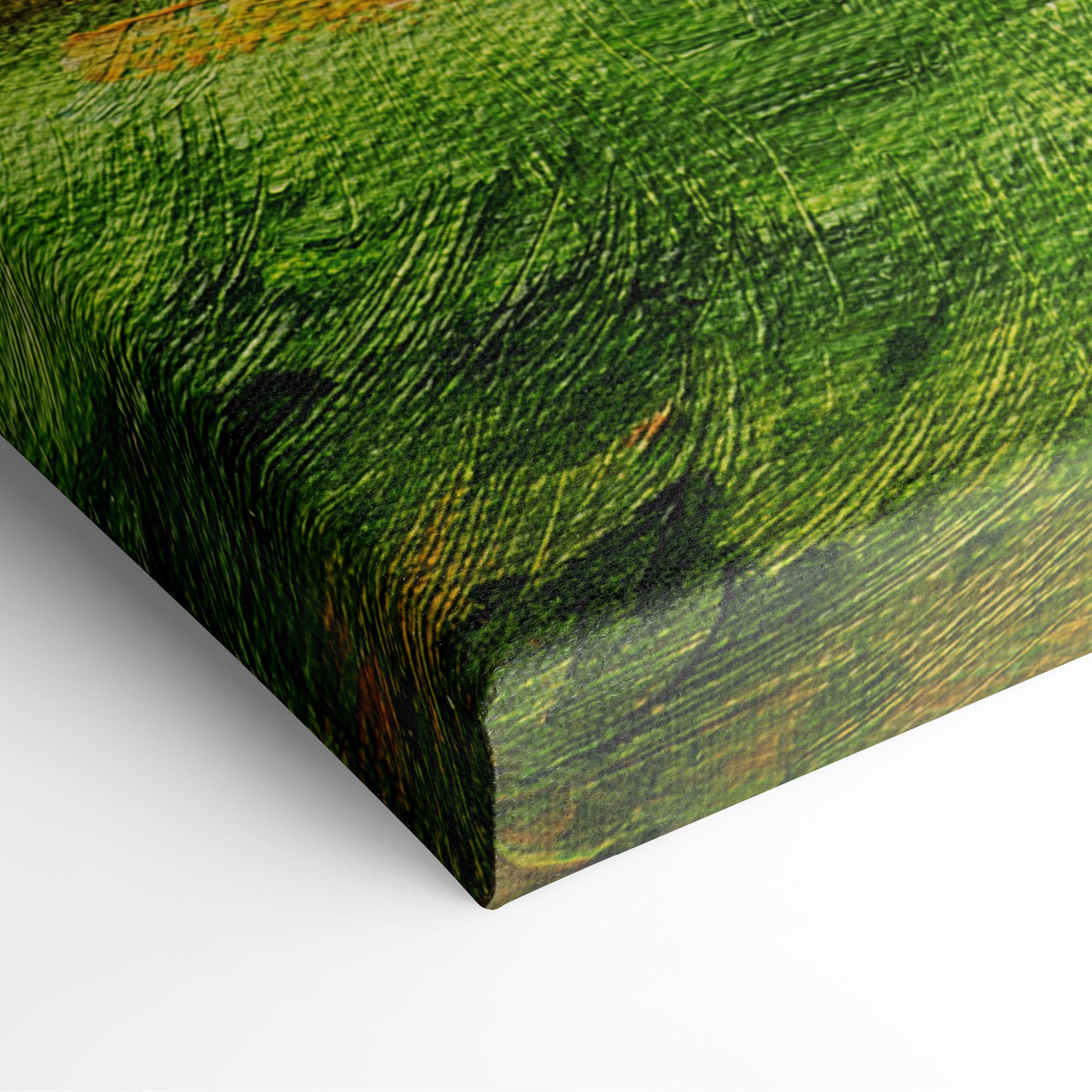 Spring blossom garden painting style wall art canvas print with vibrant green textured field and brushstroke patterns