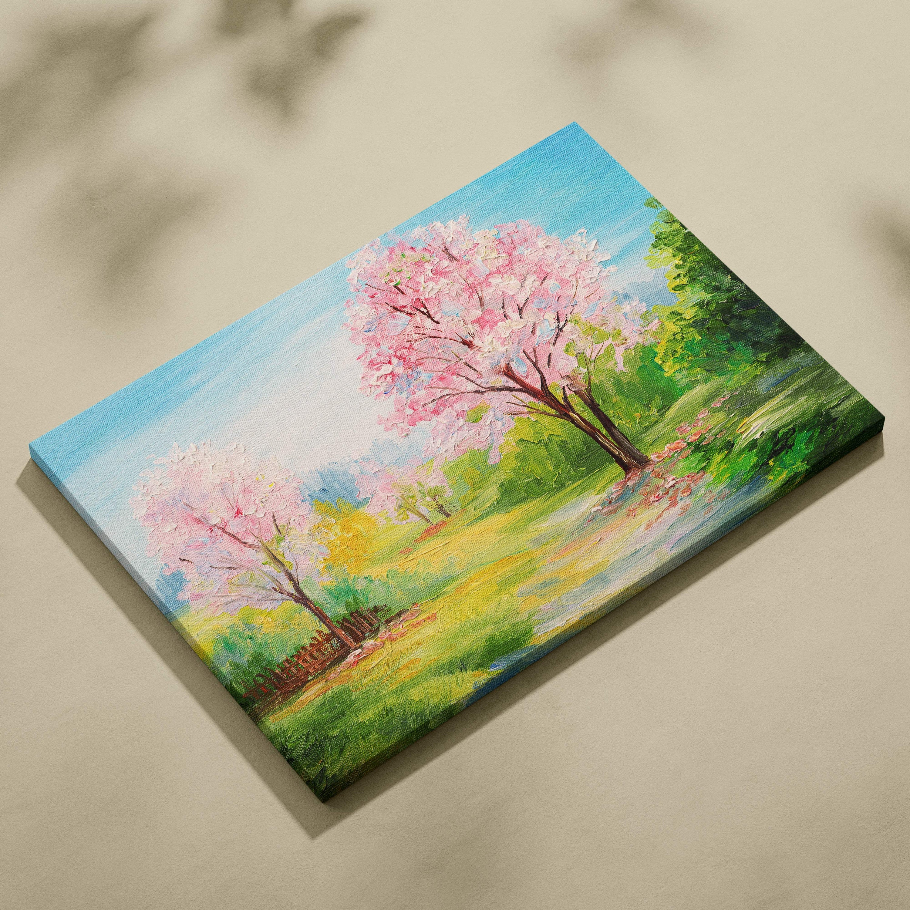 Spring blossom garden painting style wall art featuring vibrant pink cherry trees and a sunlit green meadow canvas print