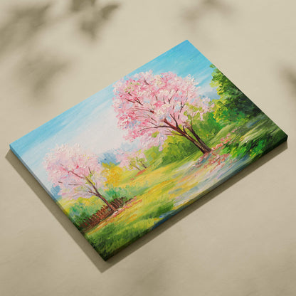 Spring blossom garden painting style wall art featuring vibrant pink cherry trees and a sunlit green meadow canvas print
