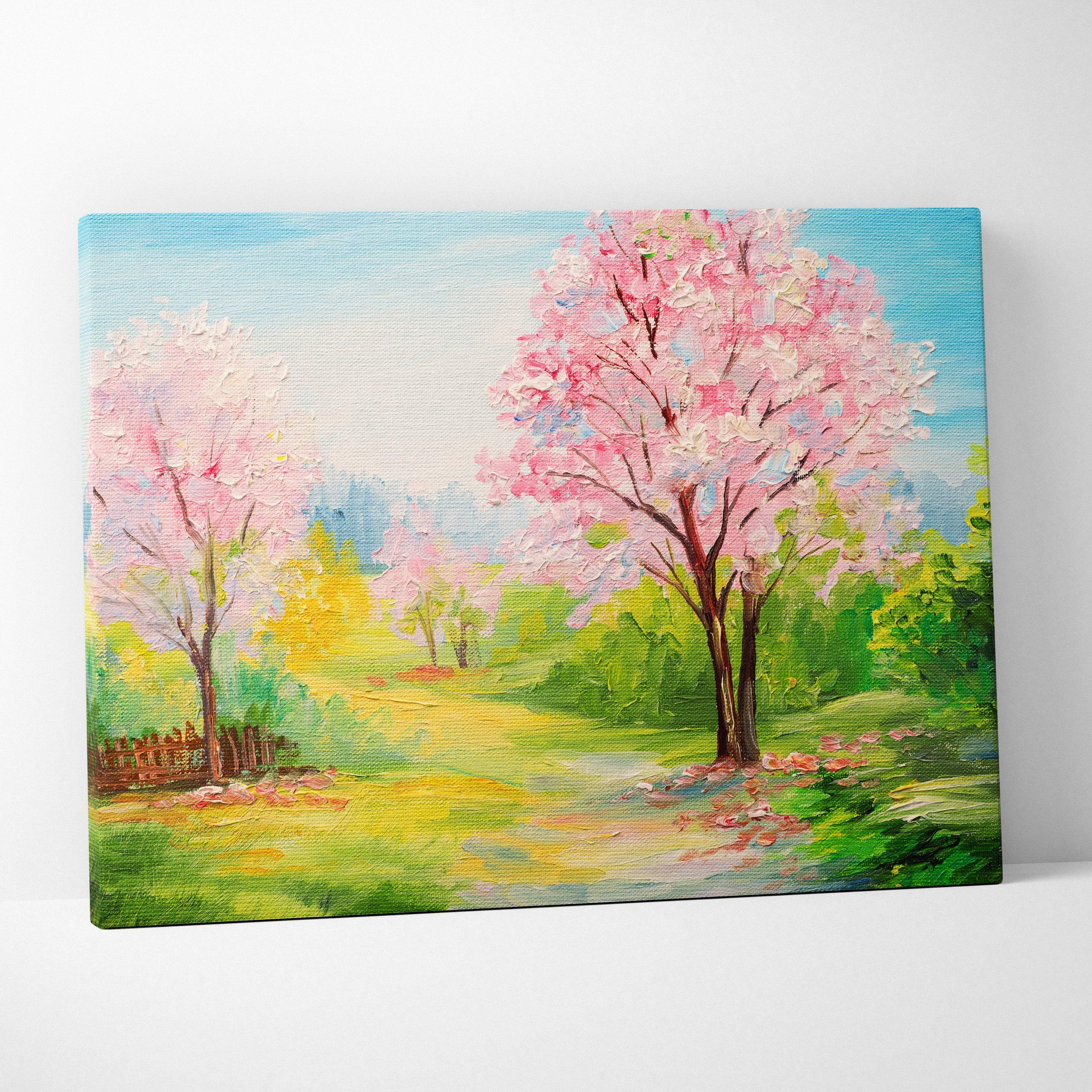 Spring blossom garden painting style wall art featuring pink cherry trees and a sunlit meadow path canvas print