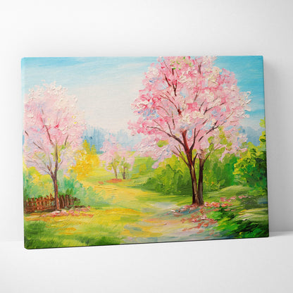 Spring blossom garden painting style wall art featuring pink cherry trees and a sunlit meadow path canvas print