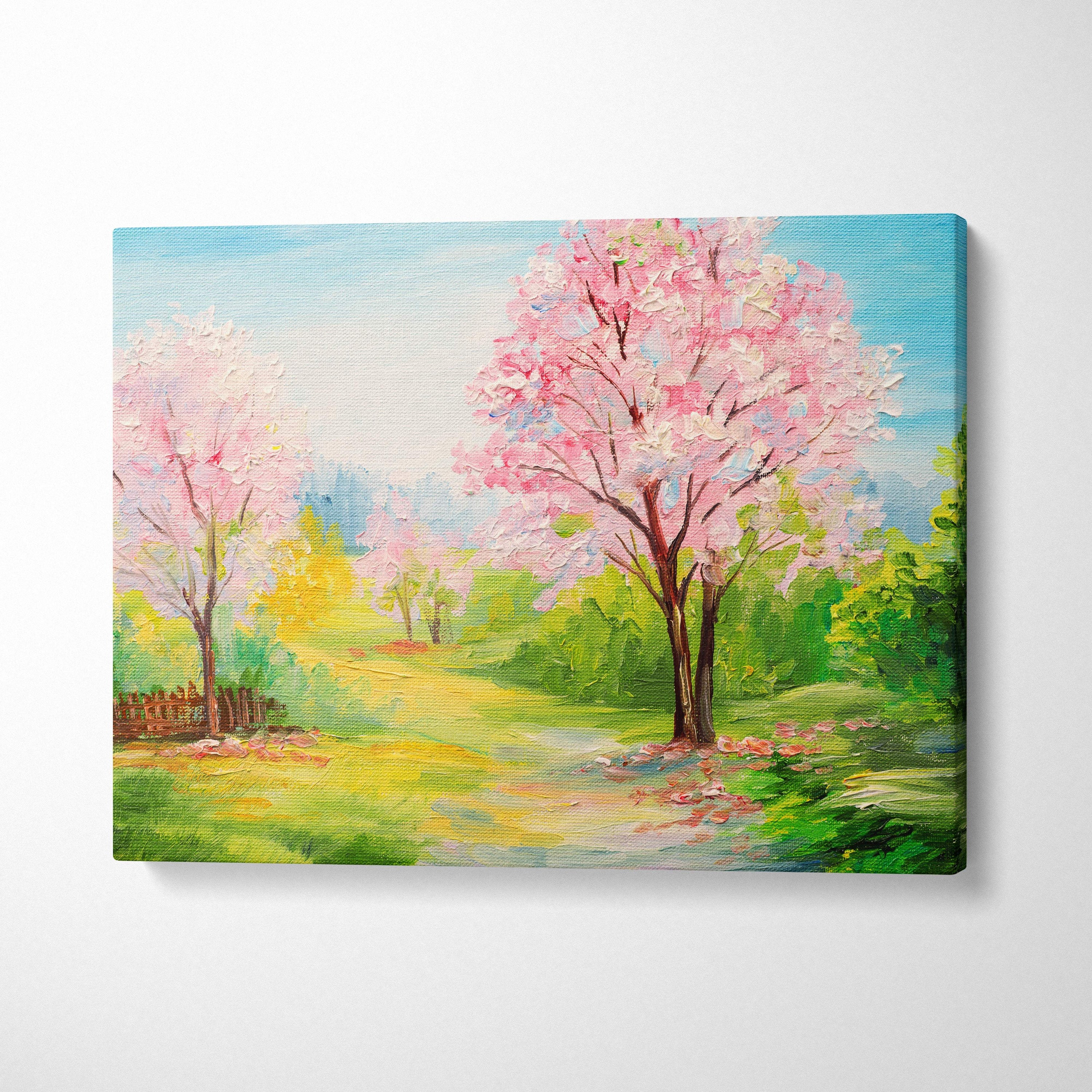 Spring blossom garden painting style wall art featuring vibrant pink cherry trees and a sunlit meadow path on canvas