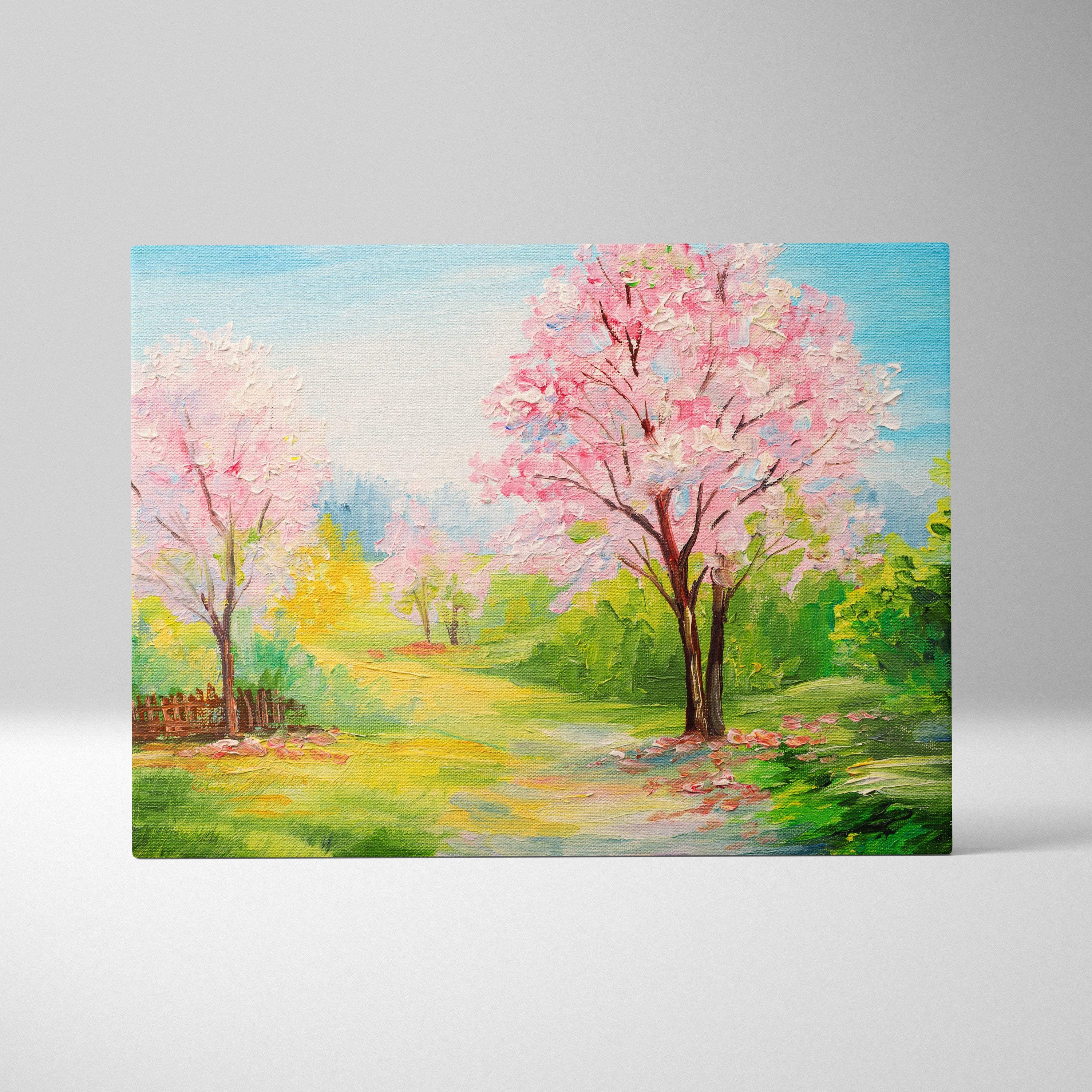 Spring blossom garden painting style wall art with pink cherry trees sunlit meadow path and peaceful countryside canvas print