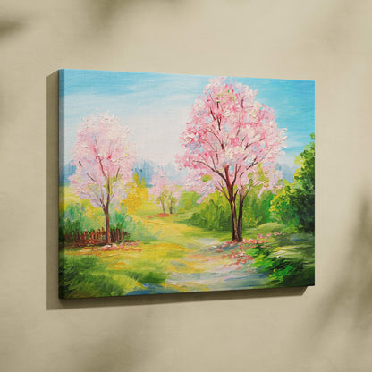 Spring blossom garden canvas wall art featuring pink cherry trees against a blue sky with a green meadow path