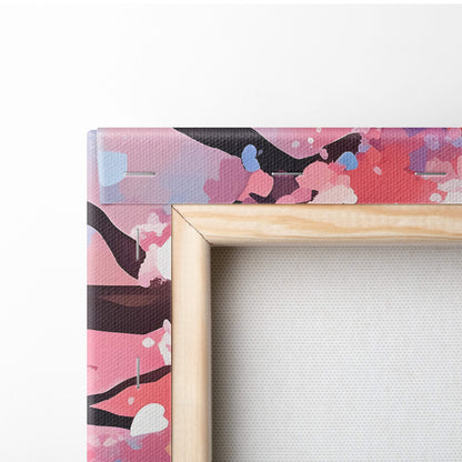 A wooden-framed canvas wall art featuring vibrant pink and purple cherry blossoms with black branches in anime style