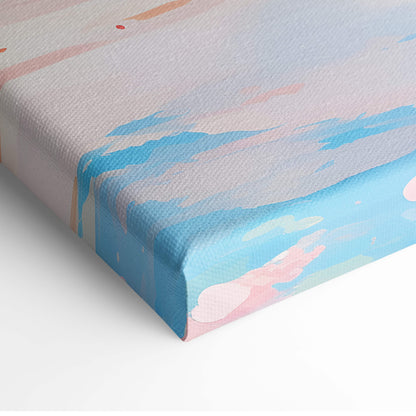 Pink cherry blossom lake canvas wall art with soft pastel blue pink and white strokes on textured linen surface