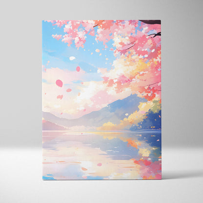 Rectangular canvas print of a pink cherry blossom lake with blue mountain sunset in soft pastel anime style for nature decor